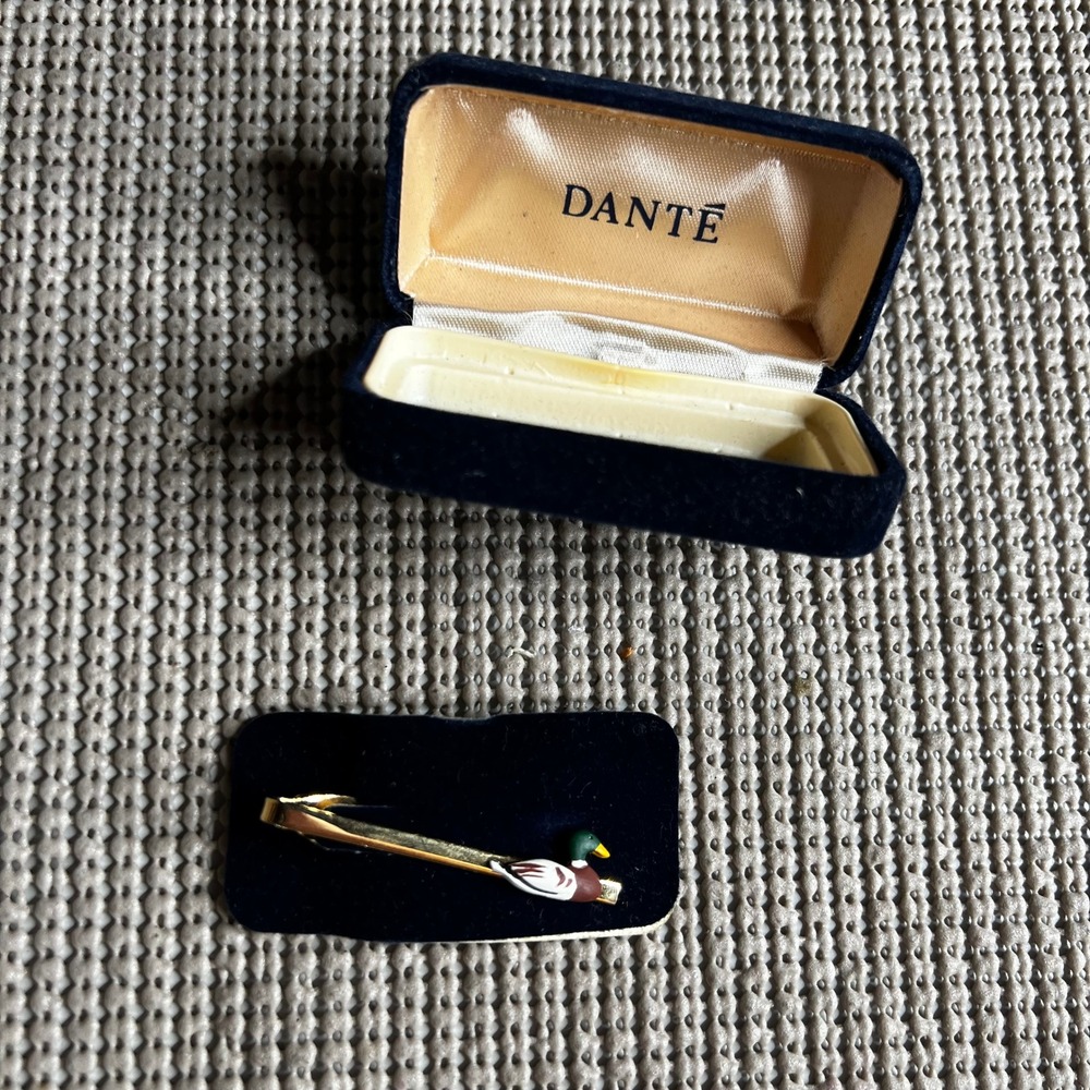 Vintage Dante Gold Tone Mallard Duck Enamel Tie Clip with Original Box Mens